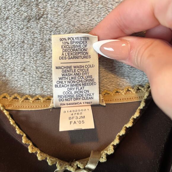 Y2K Velvet Brown Lace Trim Tank Top With Bow Women's Size Small Baby Doll Tank - Picture 3 of 6